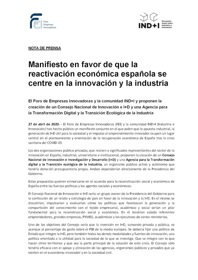 Manifiesto en favor de que la reactivación económica española se centre en la innovación y la industria