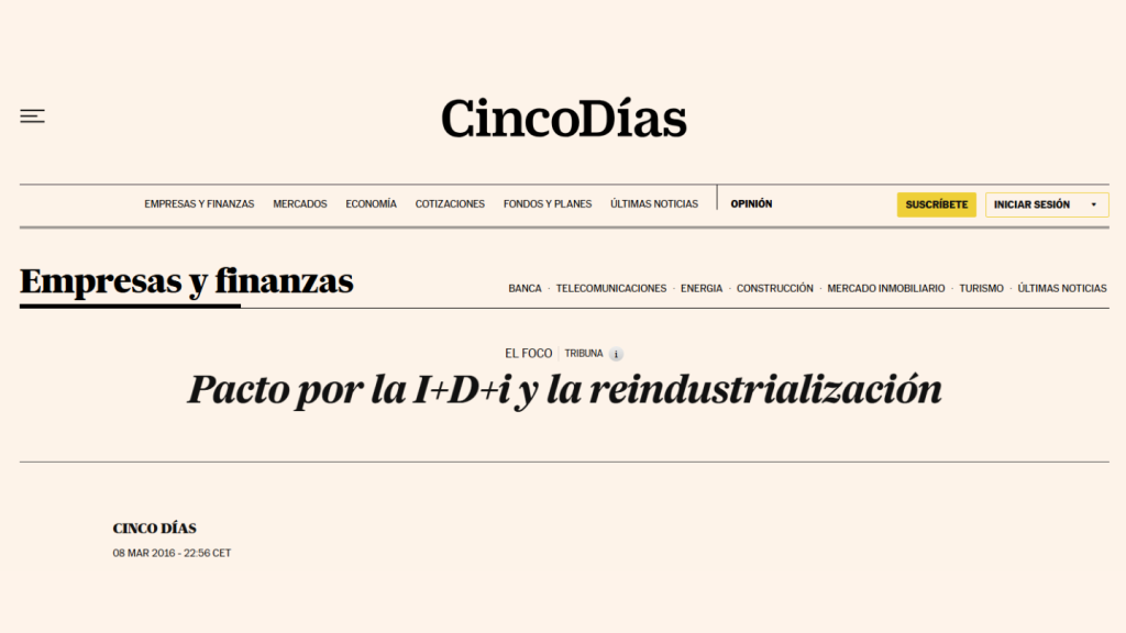 Pacto por la I+D+i y la reindustrialización, José María Insenser (Cinco Días)
