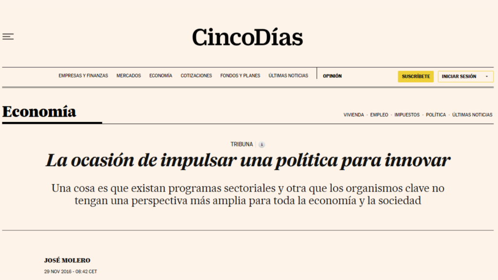La ocasión de impulsar una política para innovar, José Molero (Cinco días)