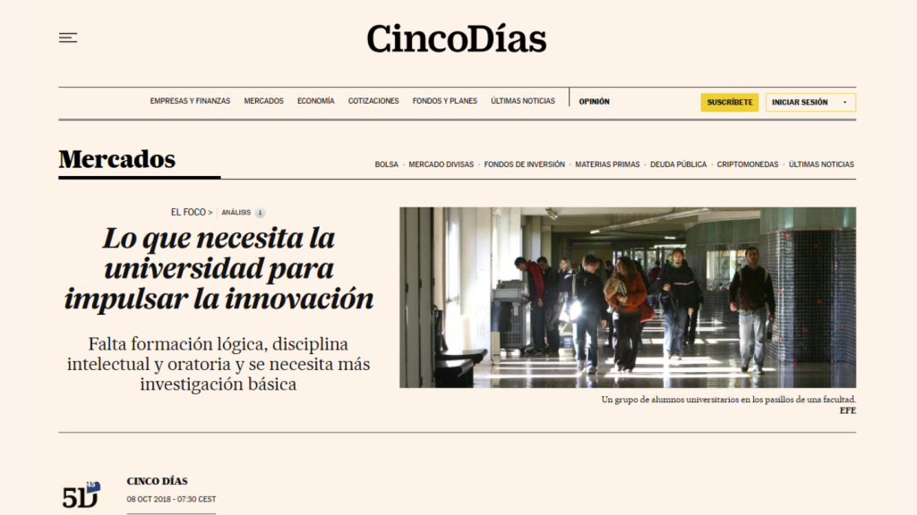 Lo que necesita la universidad para impulsar la innovación, Luis Vázquez Martínez (Cinco Días)