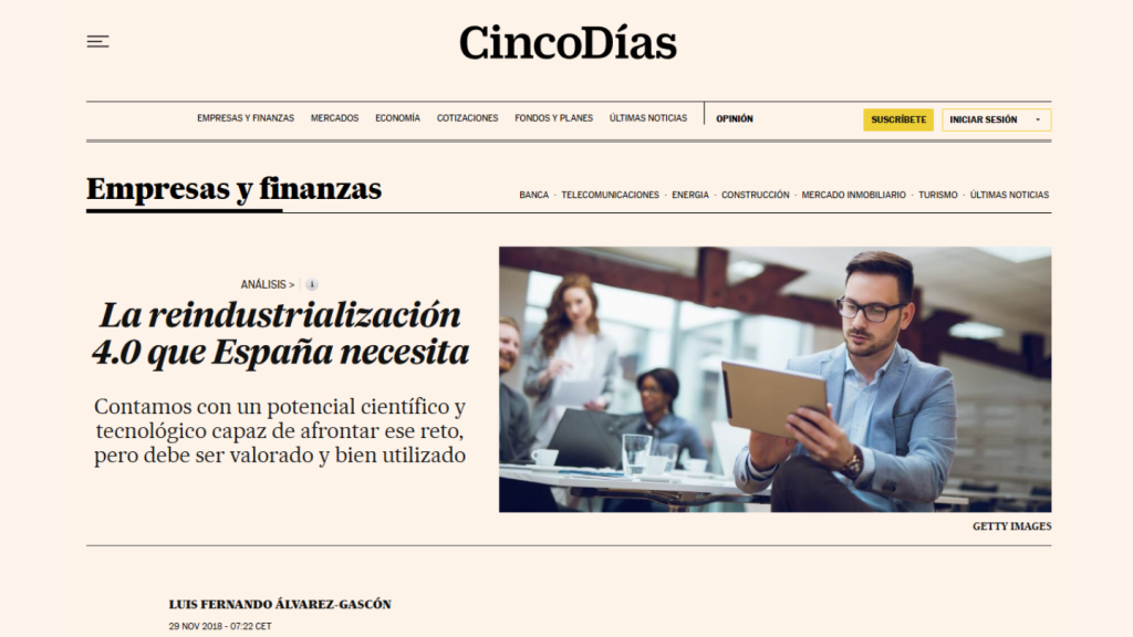 La reindustrialización 4.0 que España necesita, Luis Fernando Álvarez-Gascón (Cinco Días)