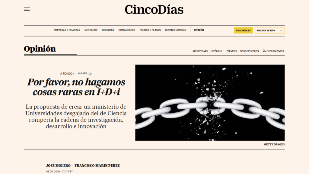 Por favor, no hagamos cosas raras en I+D+i, Francisco Marín Pérez y José Molero (Cinco Días)