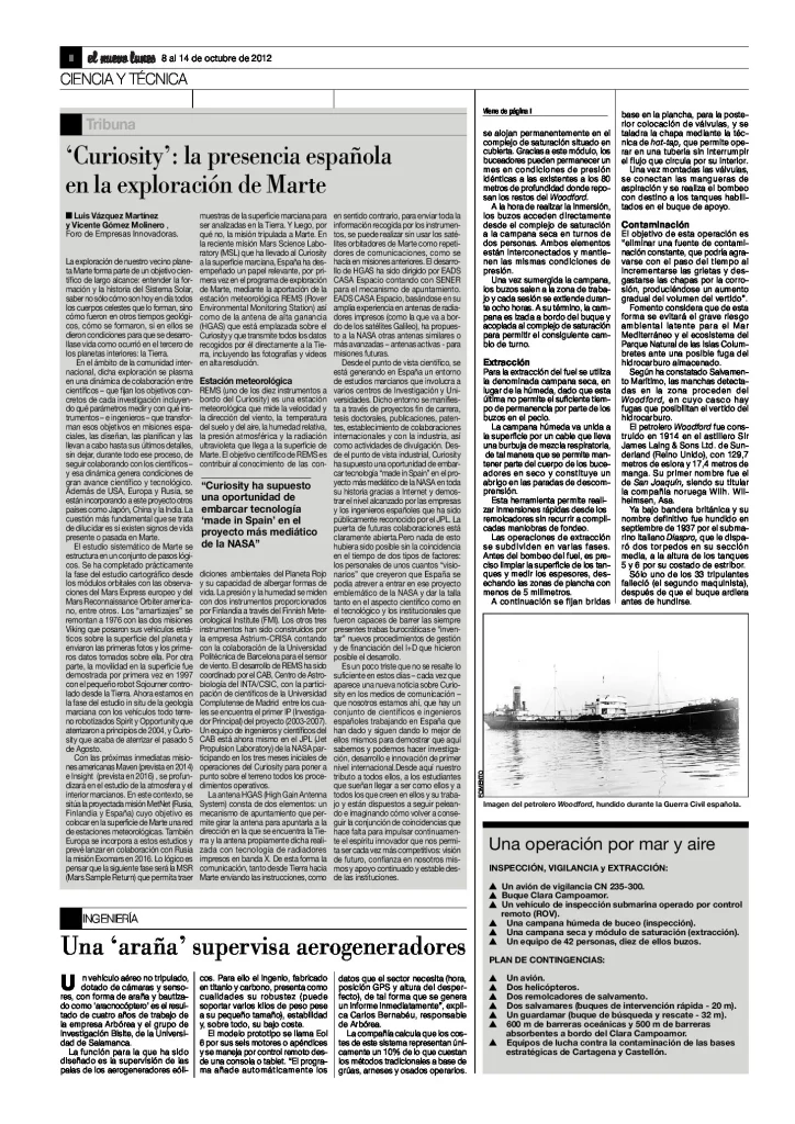 “Curiosity”: la presencia española en la exploración de Marte, Luis Vázquez Martínez y Vicente Gómez Molinero (El Nuevo Lunes)