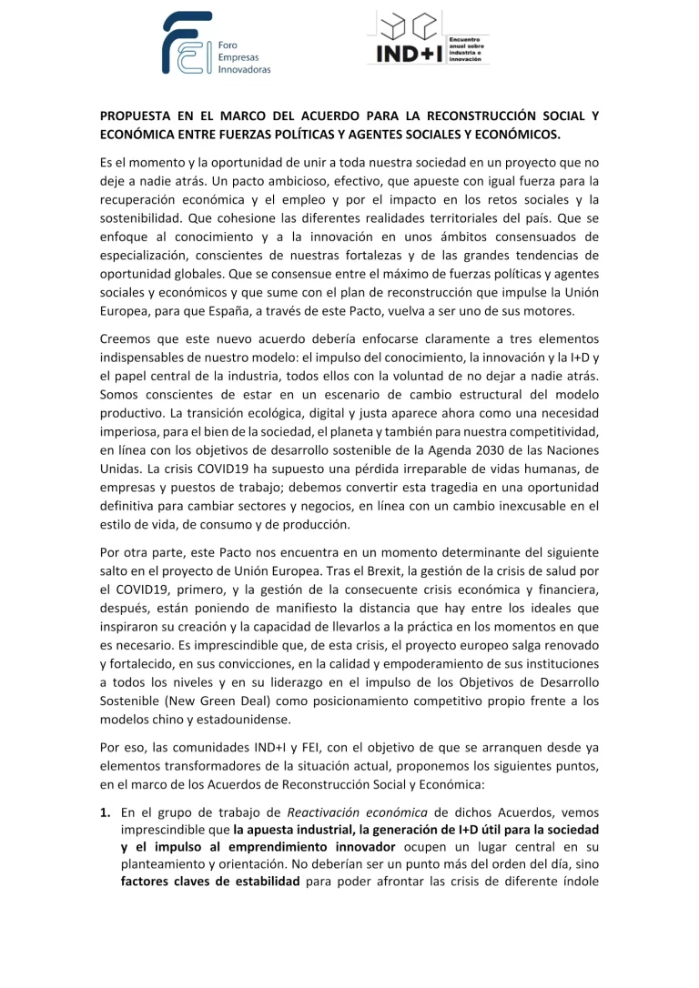 Propuesta en el marco del Acuerdo para la Reconstrucción Social y Económica entre Fuerzas Políticas y Agentes Sociales y Económicos
